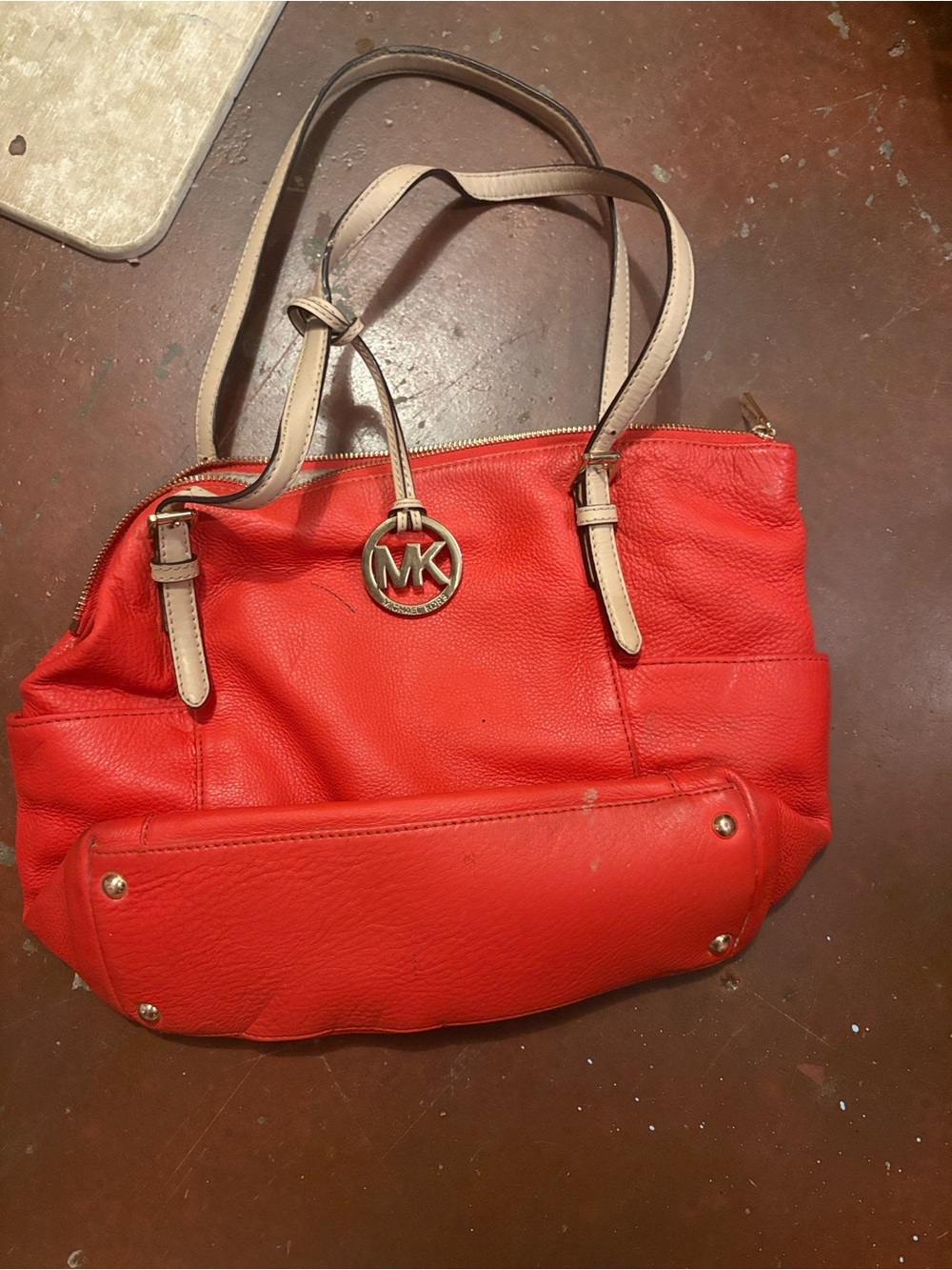 Michael Kors Coral-Red Pebbled Leather Tote with Beige Straps